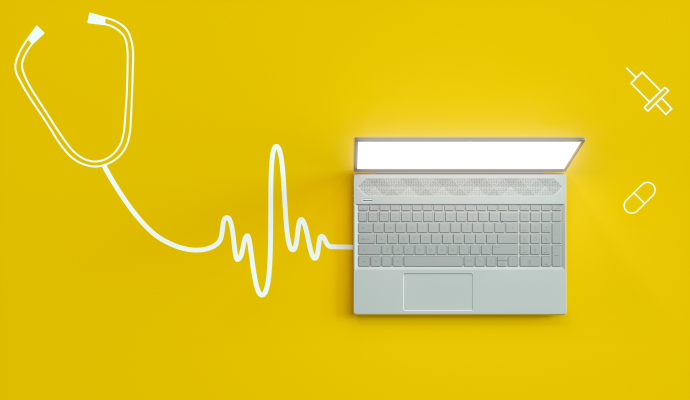 Laptop with a stethoscope coming out of it on a yellow background denoting virtual care