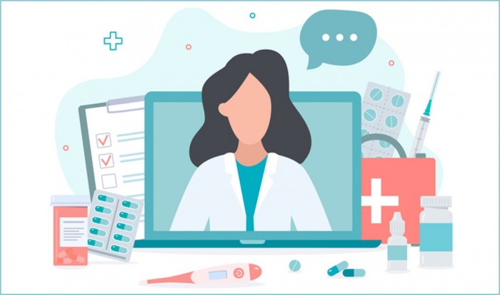 Female physician on laptop screen with healthcare paraphernalia surrounding her.