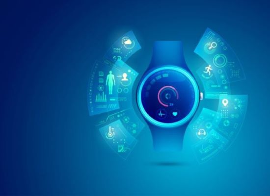 Smartwatch with data surrounding it on a blue background