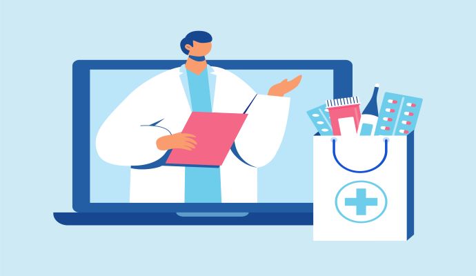 Doctor on a laptop with a bag filled with prescribed medications next to it against a blue background