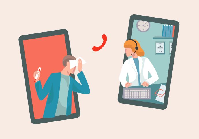 Virtual consultation with a doctor via smartphone against a pink background