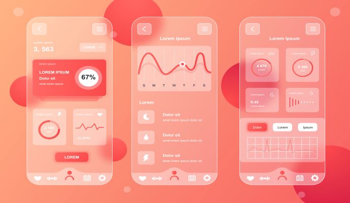 Three smartphone interfaces displaying an app that tracks health and fitness metrics