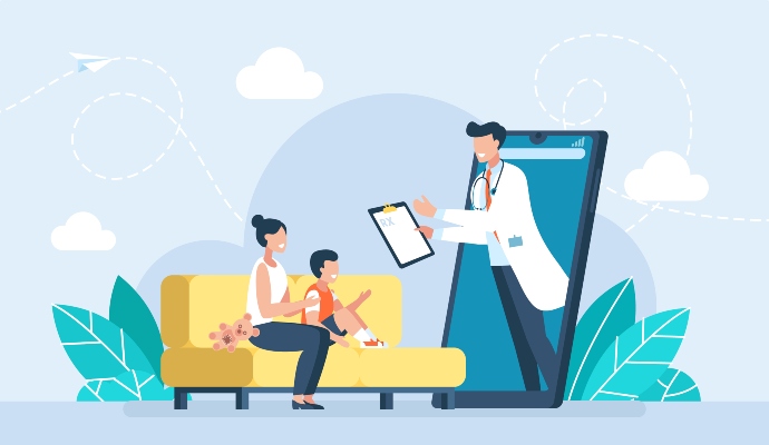 Woman sitting on a couch with child in front of a large smartphone with a physician with a clipboard coming out of it  