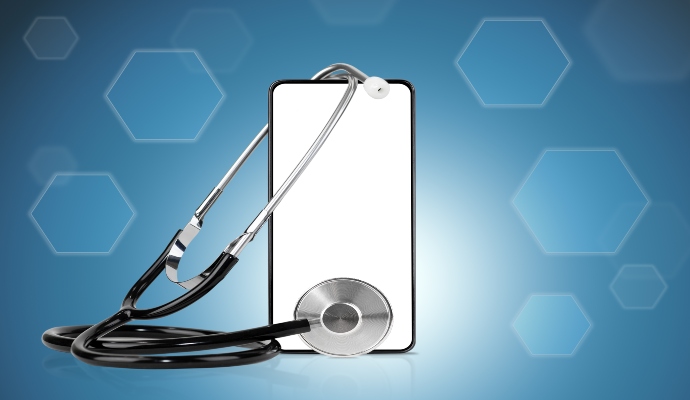 Smartphone with stethoscope leaning against it against a blue background with hexagon shapes  