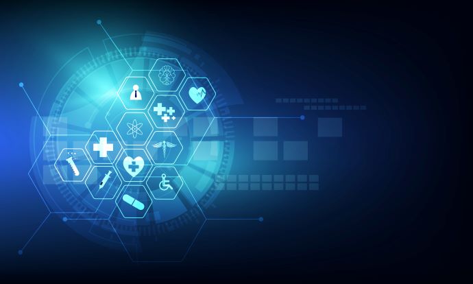 Healthcare symbols in hexagons against a drak blue background 