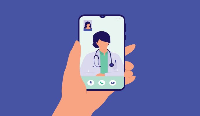 Doctor on a smartphone screen representing telehealth
