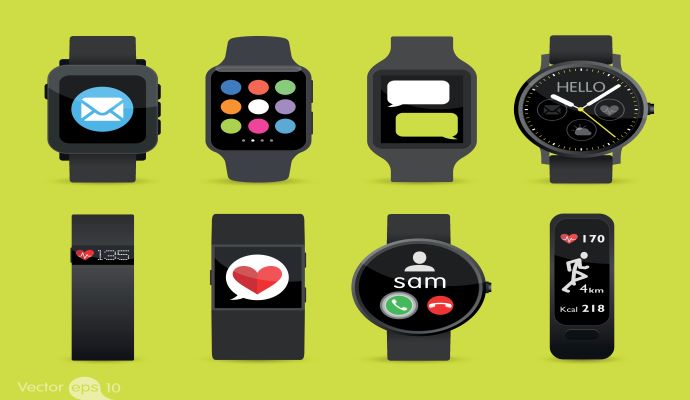 Different types of smartwatches and smartphone apps representing wearable devices