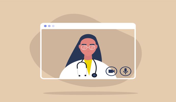 Female physician on laptop screen on beige background. 