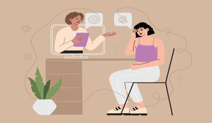 Woman speaking with mental health provider via desktop computer on beige background